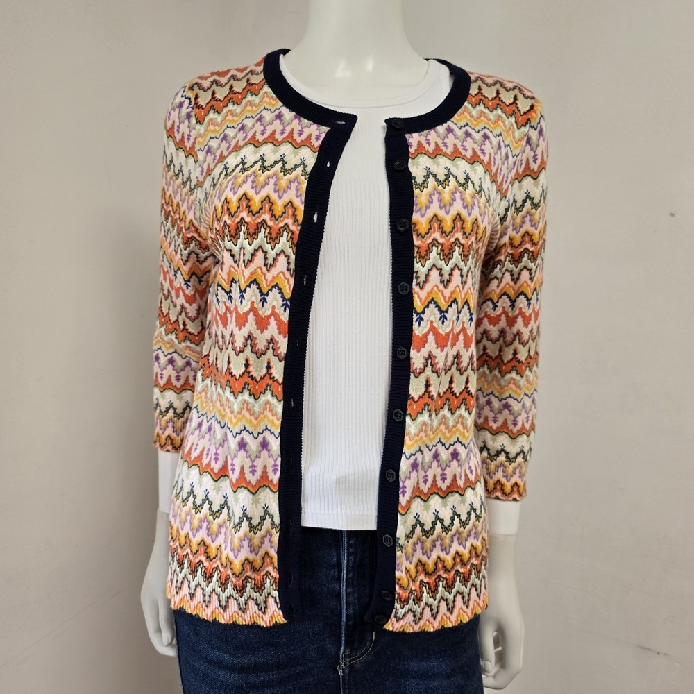 Tabitha Anthropologie Cardigan Sweater Size M Chevron 3/4 Sleeve Preppy Knit